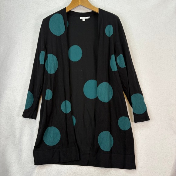 Chicos Women's Sz 3/XL Black Teal Polka Dot Open Front Midi Cardigan Sweater - Picture 2 of 5